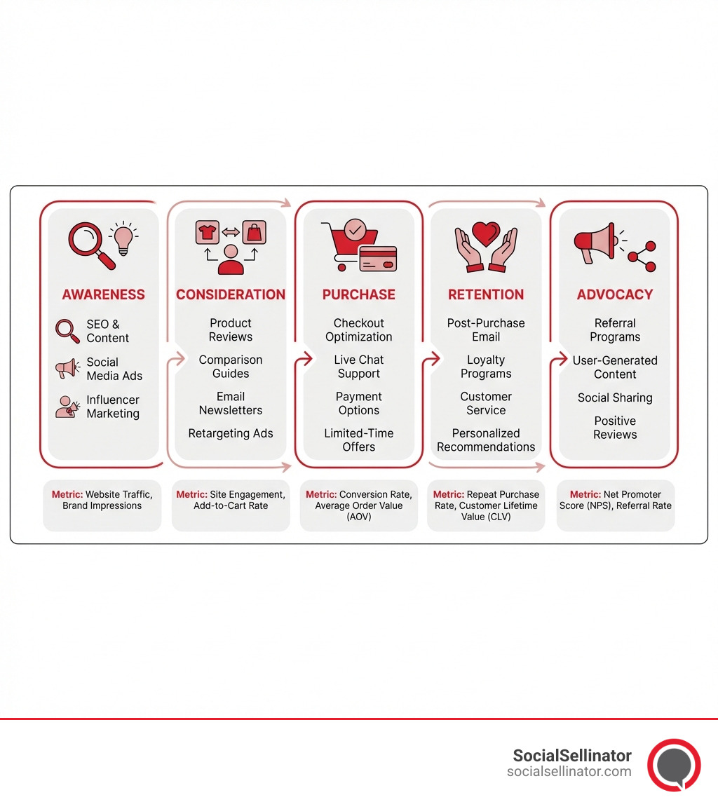 infographic showing the e-commerce customer journey stages from awareness through consideration, purchase, retention, and advocacy, with key marketing touchpoints and metrics at each stage - best ecommerce digital agencies infographic 
