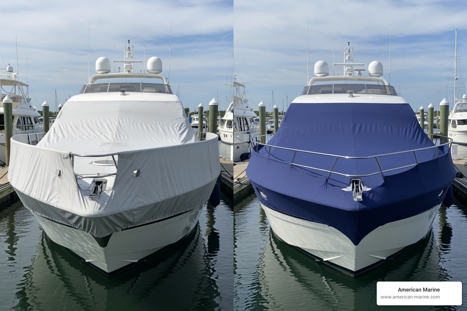 Side-by-side comparison of a poorly fitting, baggy universal cover on one boat and a taut, perfectly custom custom cover on an identical yacht - canvas covers for boats near me