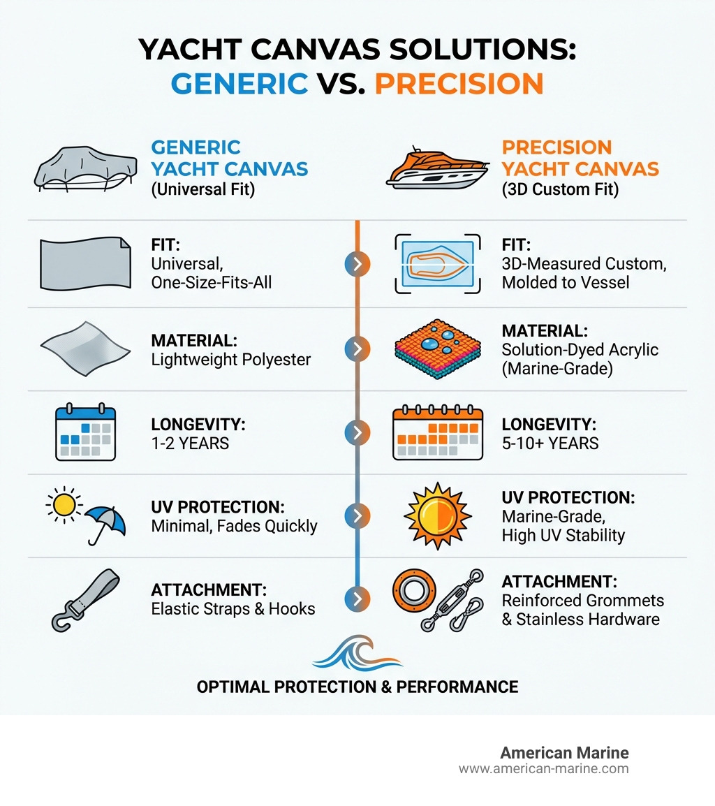 Infographic showing the key differences between generic and precision yacht canvas: Fit (universal vs 3D-measured custom), Material (lightweight polyester vs solution-dyed acrylic), Longevity (1-2 years vs 5-10+ years), UV Protection (minimal vs marine-grade with high UV stability), and Attachment (elastic straps vs reinforced grommets with stainless hardware) - canvas covers for boats near me infographic 