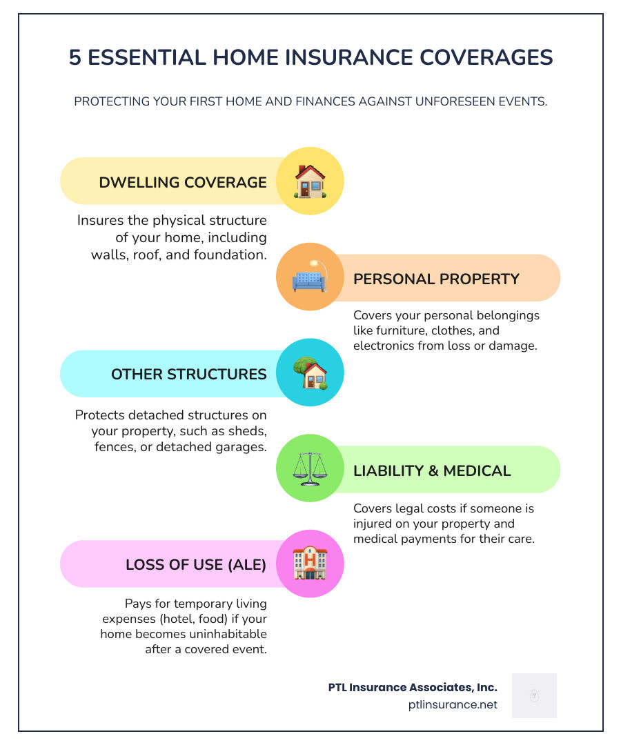 Infographic showing the six core types of home insurance coverage: Dwelling (protects the structure), Personal Property (protects belongings), Other Structures (protects detached buildings like sheds), Loss of Use (covers temporary housing), Personal Liability (protects against lawsuits), and Medical Payments (covers guest injuries) - first time home insurance infographic infographic-line-5-steps-colors Infographic showing the six core types of home insurance coverage: Dwelling (protects the structure), Personal Property (protects belongings), Other Structures (protects detached buildings like sheds), Loss of Use (covers temporary housing), Personal Liability (protects against lawsuits), and Medical Payments (covers guest injuries) - first time home insurance infographic infographic-line-5-steps-colors