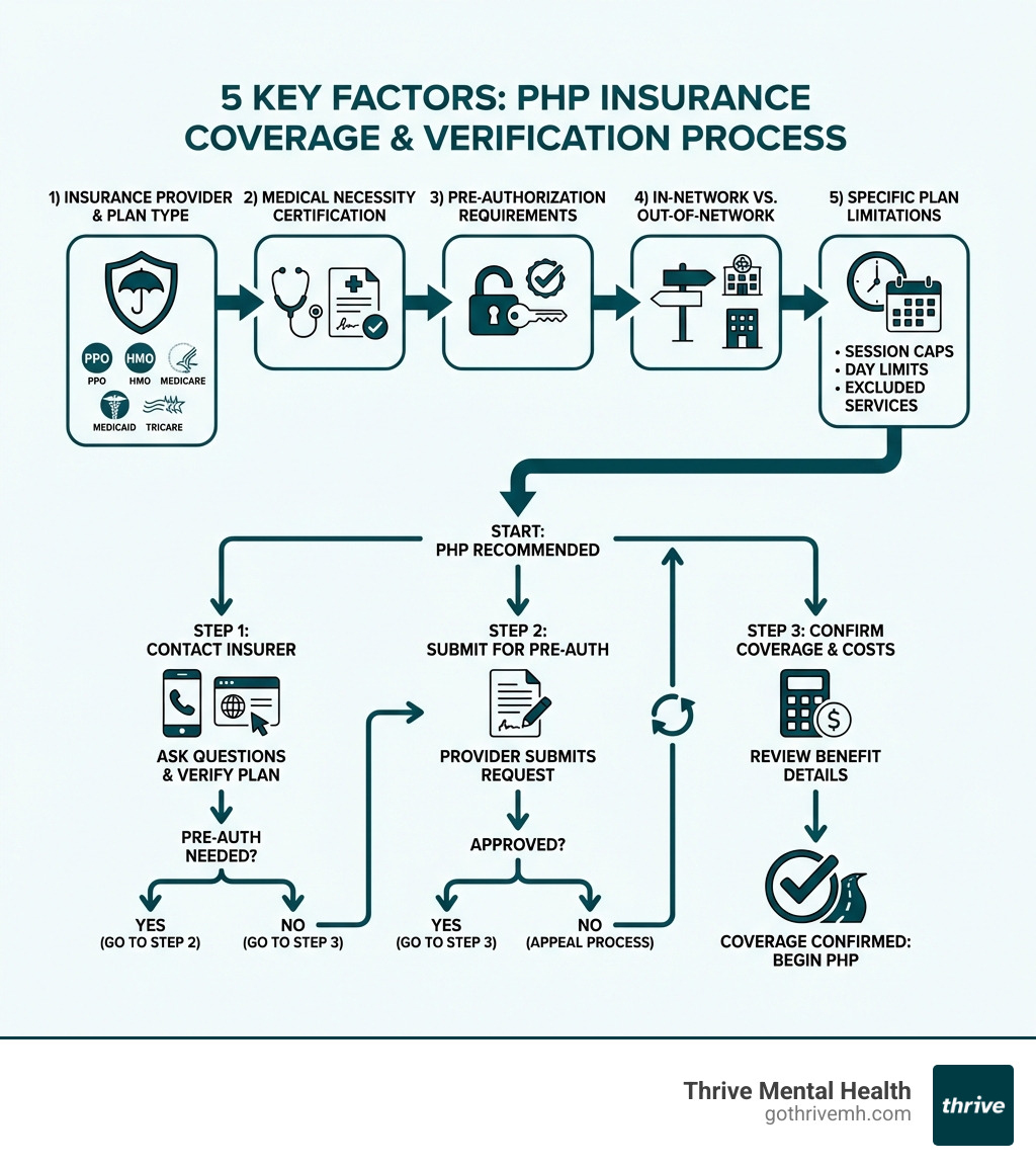 Infographic showing the five key factors that determine PHP insurance coverage: 1) Insurance provider and plan type (PPO, HMO, Medicare, Medicaid, TRICARE), 2) Medical necessity certification from a doctor, 3) Pre-authorization requirements, 4) In-network vs. out-of-network provider status, and 5) Specific plan limitations (session caps, day limits, excluded services). Visual includes icons for each factor and a flowchart showing the verification process. - does your insurance cover a partial hospitalization program infographic 