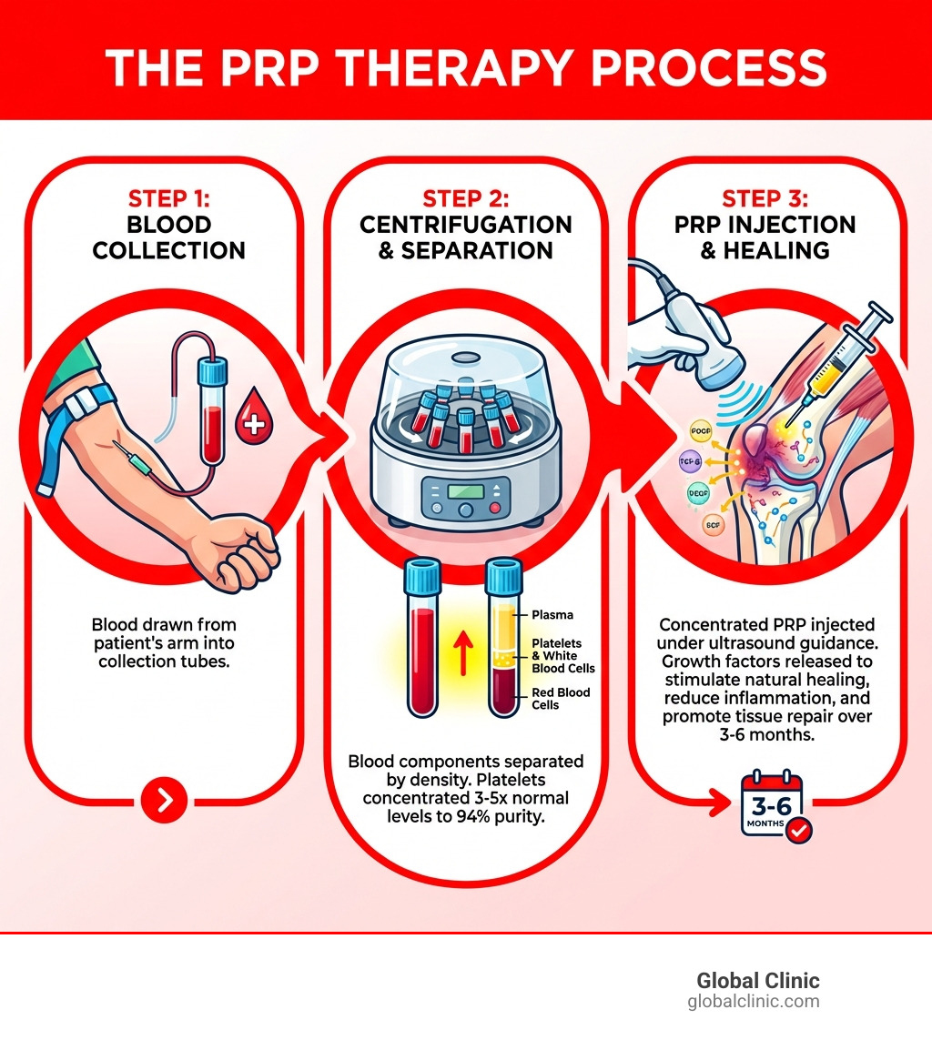Infographic showing the PRP therapy process: Step 1 shows blood being drawn from patient's arm into collection tubes. Step 2 shows tubes being placed in a centrifuge machine which separates blood components by density, concentrating platelets 3-5 times normal levels to 94% purity. Step 3 shows the concentrated platelet-rich plasma being injected into the injured area using ultrasound guidance, where growth factors PDGF, TGF-β, VEGF, EGF, and others are released to stimulate natural healing, reduce inflammation, and promote tissue repair over 3-6 months. - platelets enriched plasma injection infographic Infographic showing the PRP therapy process: Step 1 shows blood being drawn from patient's arm into collection tubes. Step 2 shows tubes being placed in a centrifuge machine which separates blood components by density, concentrating platelets 3-5 times normal levels to 94% purity. Step 3 shows the concentrated platelet-rich plasma being injected into the injured area using ultrasound guidance, where growth factors PDGF, TGF-β, VEGF, EGF, and others are released to stimulate natural healing, reduce inflammation, and promote tissue repair over 3-6 months. - platelets enriched plasma injection infographic