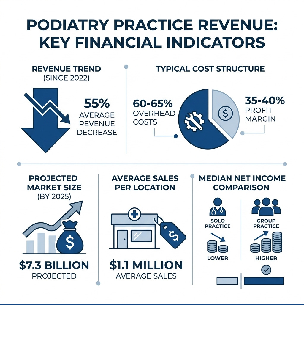 Infographic showing key podiatry practice revenue statistics: 55% average revenue decrease since 2022, 60-65% typical overhead costs, $7.3 billion projected market size by 2025, $1.1 million average sales per location, and comparison of solo practice versus group practice median net income - Podiatry practice revenue infographic 