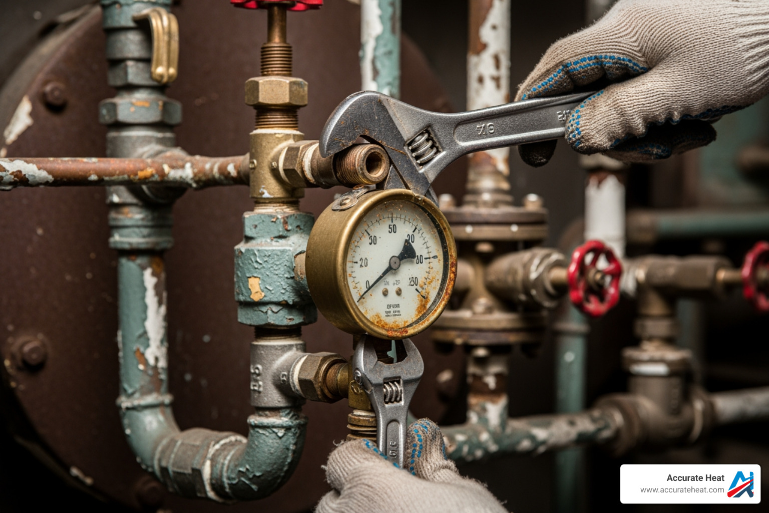 using two wrenches to remove old boiler pressure gauge - Boiler pressure gauge replacement using two wrenches to remove old boiler pressure gauge - Boiler pressure gauge replacement