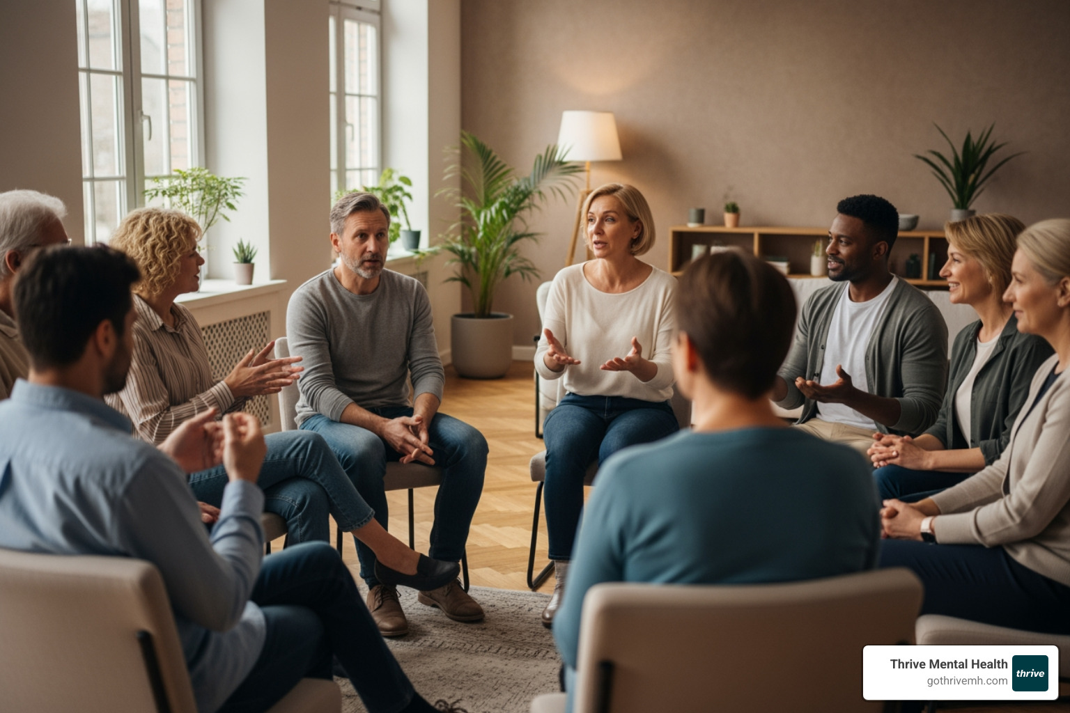 Diverse group in group therapy. Alt: “Partial hospital program group session—who qualifies?” - what is partial hospital program