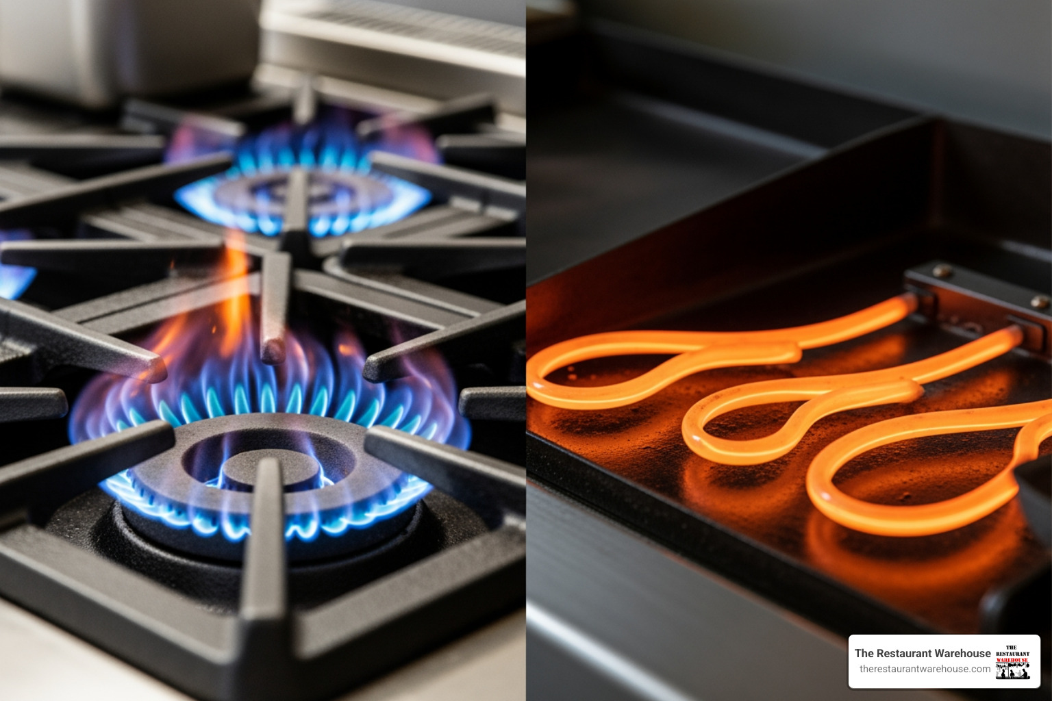 Side-by-side comparison of a gas griddle's blue flame and an electric griddle's heating element - commercial stainless steel griddle