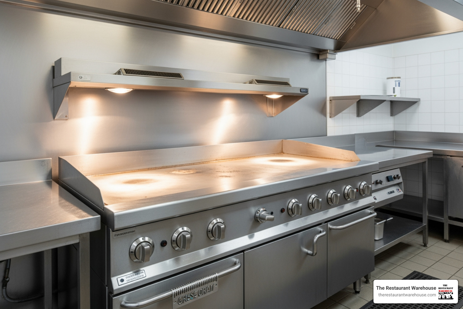 Proper ventilation (a stainless steel hood system) installed above a commercial griddle in a clean kitchen - commercial stainless steel griddle