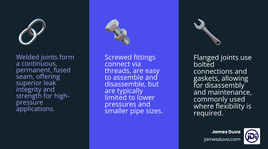 Infographic showing three pipe joining methods side by side: a welded joint with a continuous fused seam, a flanged joint with bolted connection, and a threaded/screwed fitting with visible threads, highlighting the seamless nature of welded construction versus mechanical connections - welded pipeline infographic 3_facts_emoji_blue Infographic showing three pipe joining methods side by side: a welded joint with a continuous fused seam, a flanged joint with bolted connection, and a threaded/screwed fitting with visible threads, highlighting the seamless nature of welded construction versus mechanical connections - welded pipeline infographic 3_facts_emoji_blue