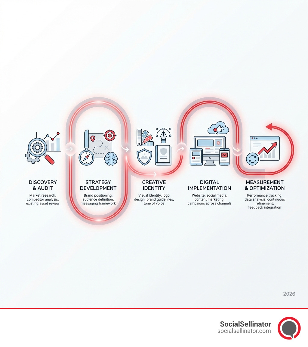infographic showing the digital branding process from initial discovery and brand audit through strategy development, creative design and identity creation, digital implementation across channels, and ongoing measurement and optimization with feedback loops - digital branding companies infographic 