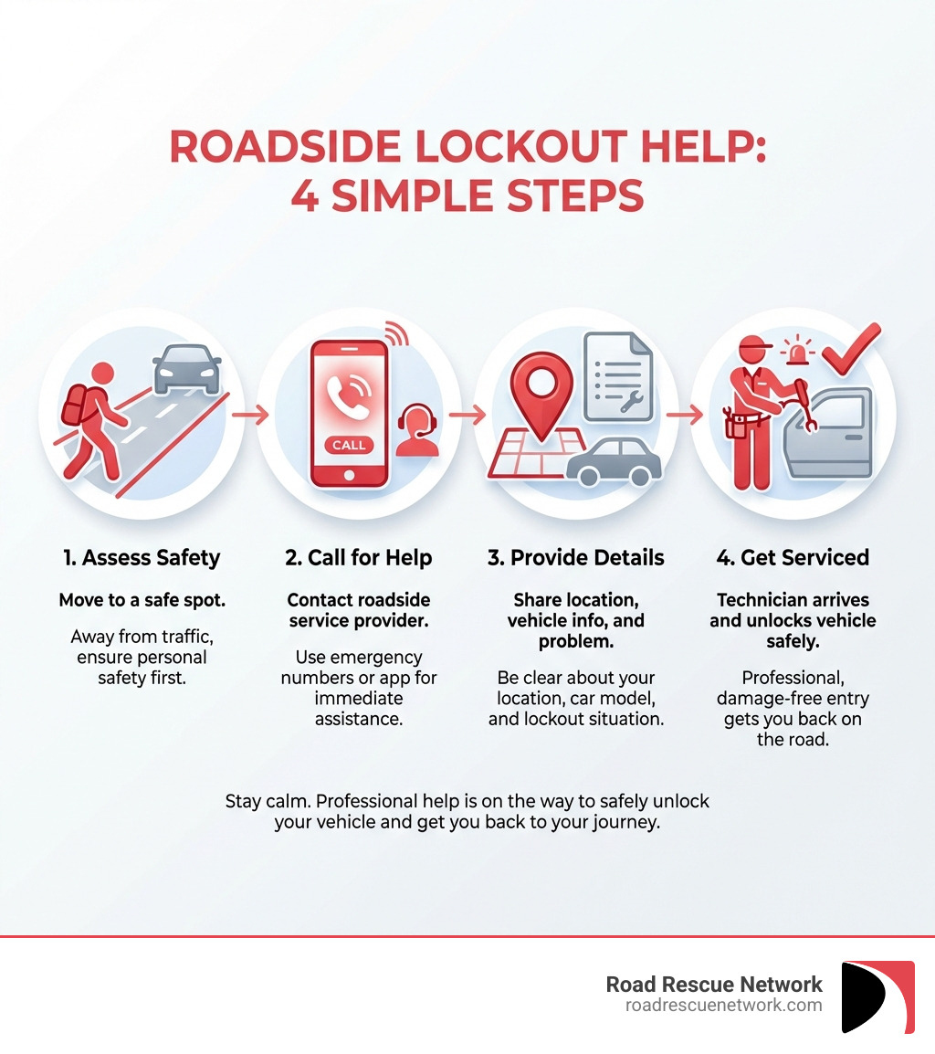 Infographic showing 4 steps to getting roadside lockout help: Step 1 shows a person moving to a safe location away from traffic with text "Assess Safety - Move to a safe spot". Step 2 shows a phone with emergency contact with text "Call for Help - Contact roadside service provider". Step 3 shows location pin and car details with text "Provide Details - Share location, vehicle info, and problem". Step 4 shows technician unlocking car with text "Get Serviced - Technician arrives and unlocks vehicle safely". - roadside lockout service infographic 