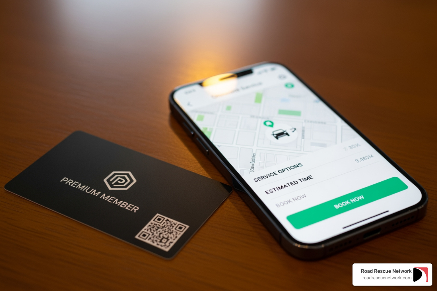 Membership card next to a smartphone with an on-demand app - roadside lockout service