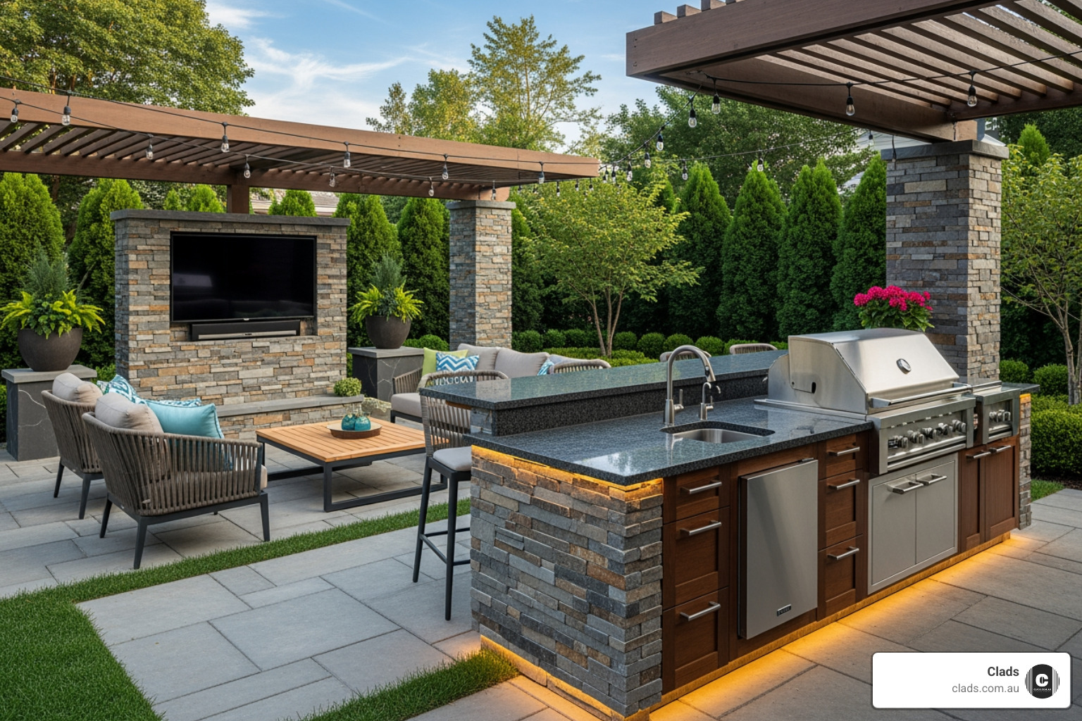 stylish outdoor kitchen and entertainment area with stone veneer backsplash - Exterior stone veneer