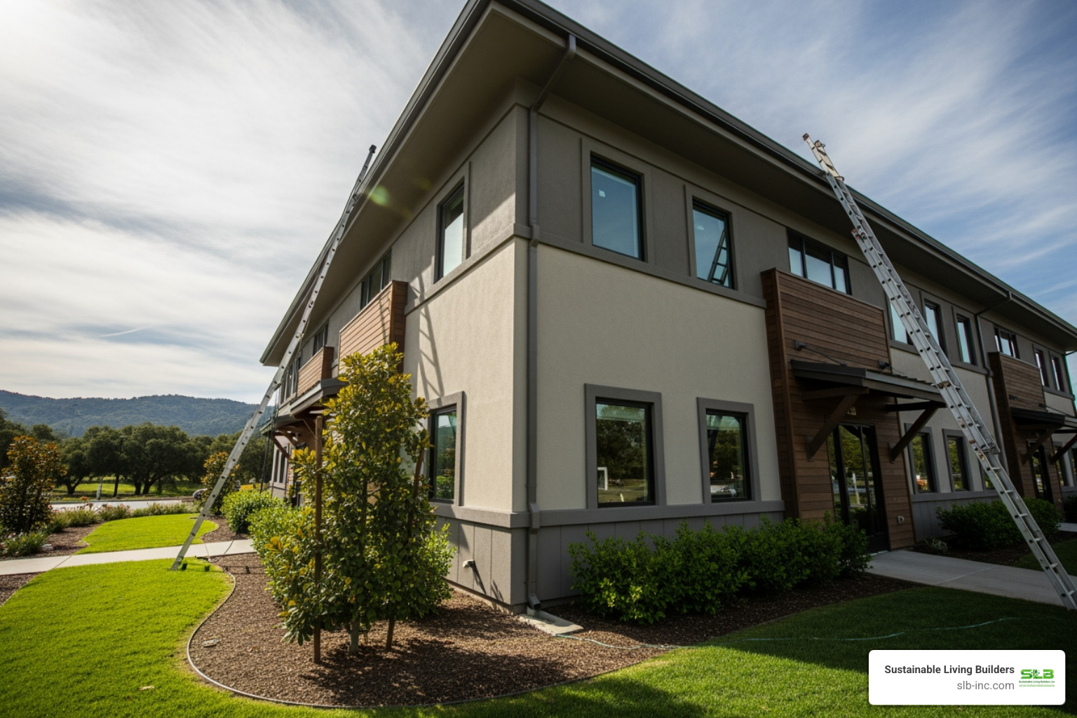 Infographic showing how commercial gutters protect buildings: rainwater flows from roof into gutters, travels through downspouts away from foundation, preventing water pooling, foundation erosion, wall seepage, landscape damage, mold growth, and pest infestation; proper installation includes seamless design, correct pitch for drainage, secure fasteners, and strategic downspout placement - commercial gutter installation in petaluma, ca