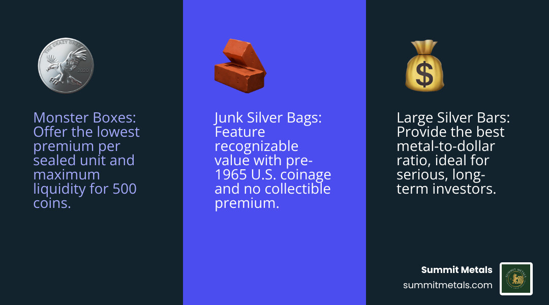Infographic showing three columns: Monster Boxes with a stack of sealed coin tubes and "Lowest premium per sealed unit, Maximum liquidity"; Large Silver Bars with a 100 oz bar and "Best metal-to-dollar ratio, Ideal for long-term holds"; and Junk Silver Bags with loose pre-1965 coins and "Recognizable value, No collectible premium" - bulk silver deals infographic 3_facts_emoji_blue