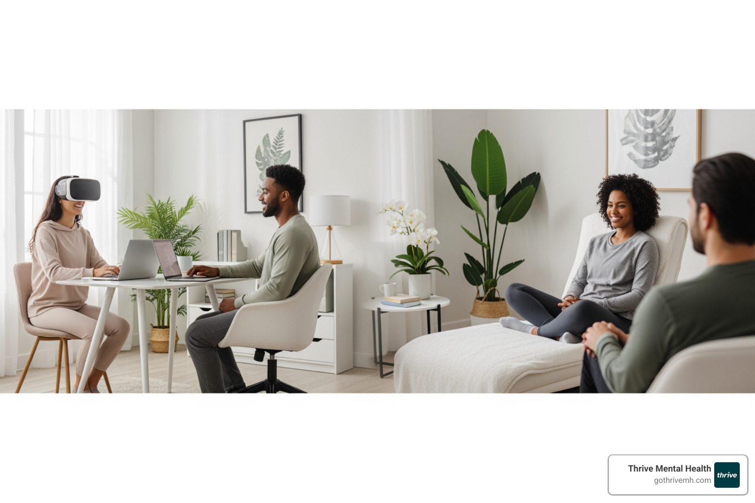 diverse group of people, some on laptops, some in an office, representing different therapy options - is virtual therapy as effective as in person