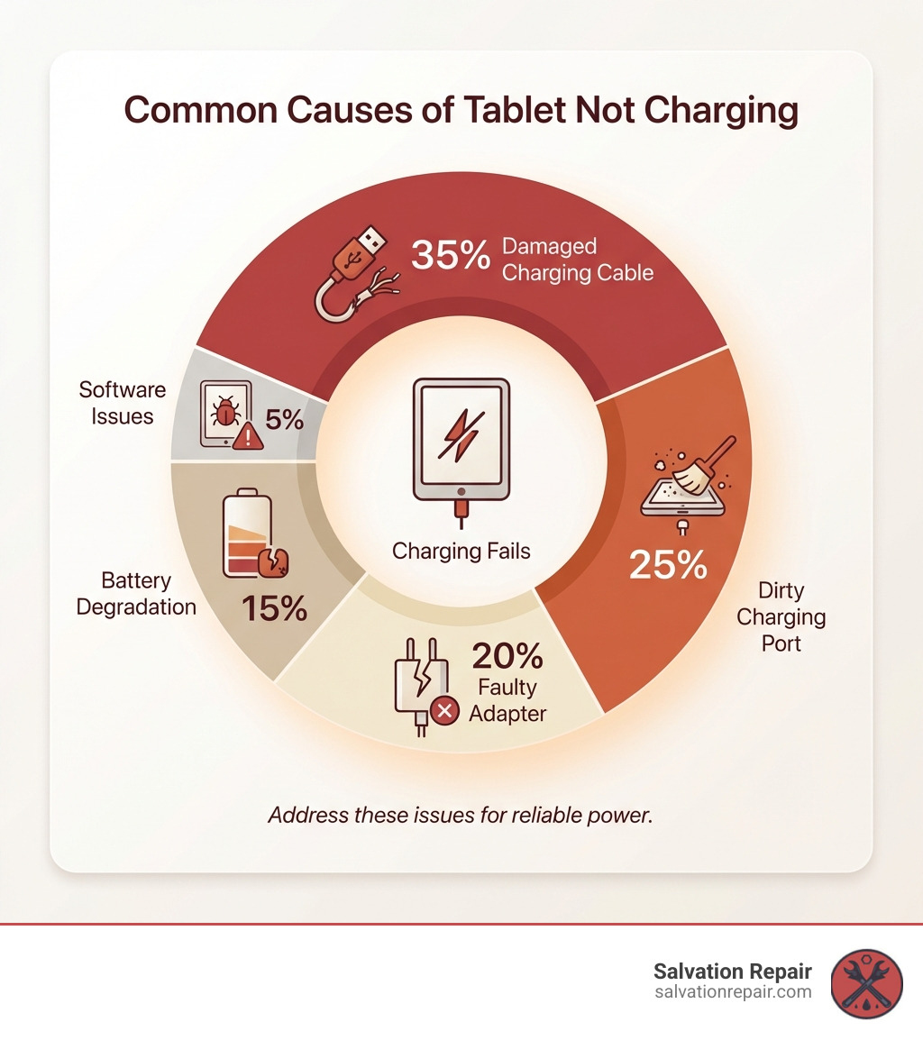 infographic showing common causes of tablet not charging including damaged charging cable at 35%, dirty charging port at 25%, faulty adapter at 20%, battery degradation at 15%, and software issues at 5% - Laurel MS not charging infographic infographic showing common causes of tablet not charging including damaged charging cable at 35%, dirty charging port at 25%, faulty adapter at 20%, battery degradation at 15%, and software issues at 5% - Laurel MS not charging infographic
