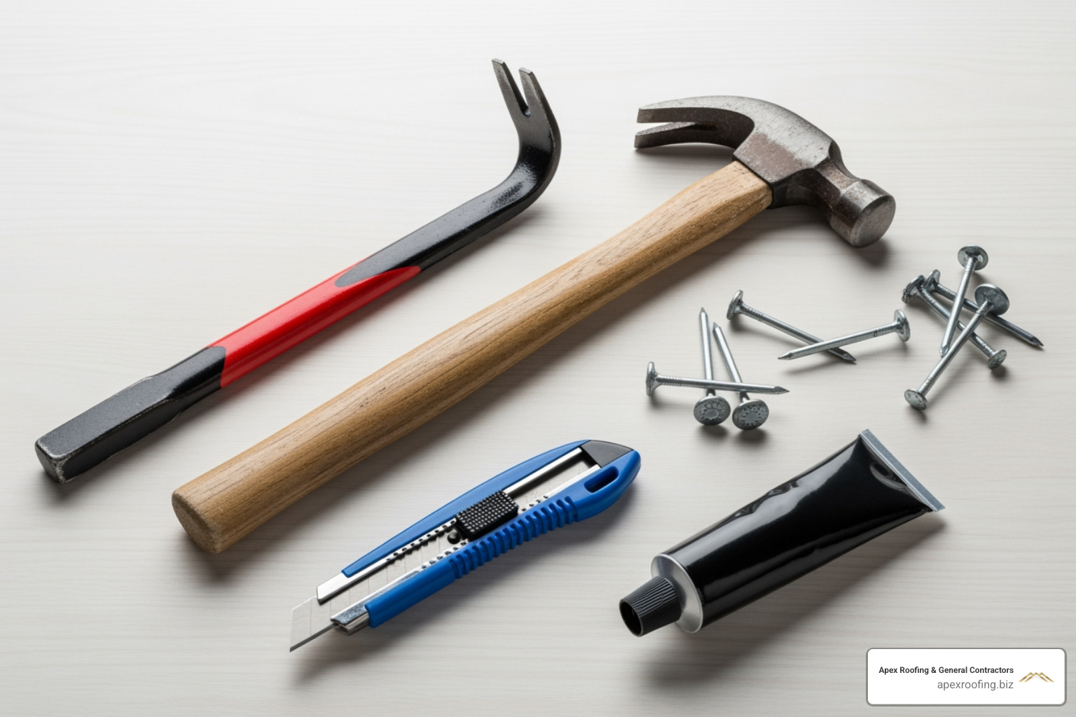 of the essential tools for shingle repair laid out: pry bar, hammer, utility knife, roofing nails, and roofing cement. - damaged shingles repair of the essential tools for shingle repair laid out: pry bar, hammer, utility knife, roofing nails, and roofing cement. - damaged shingles repair
