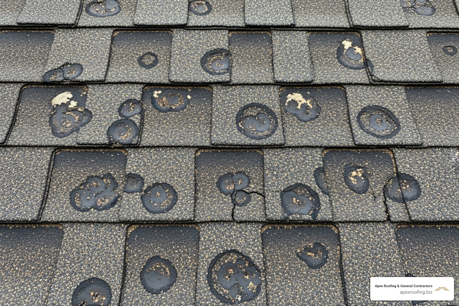 Hail damaged roof showing pockmarks and granule loss - damaged shingles repair Hail damaged roof showing pockmarks and granule loss - damaged shingles repair