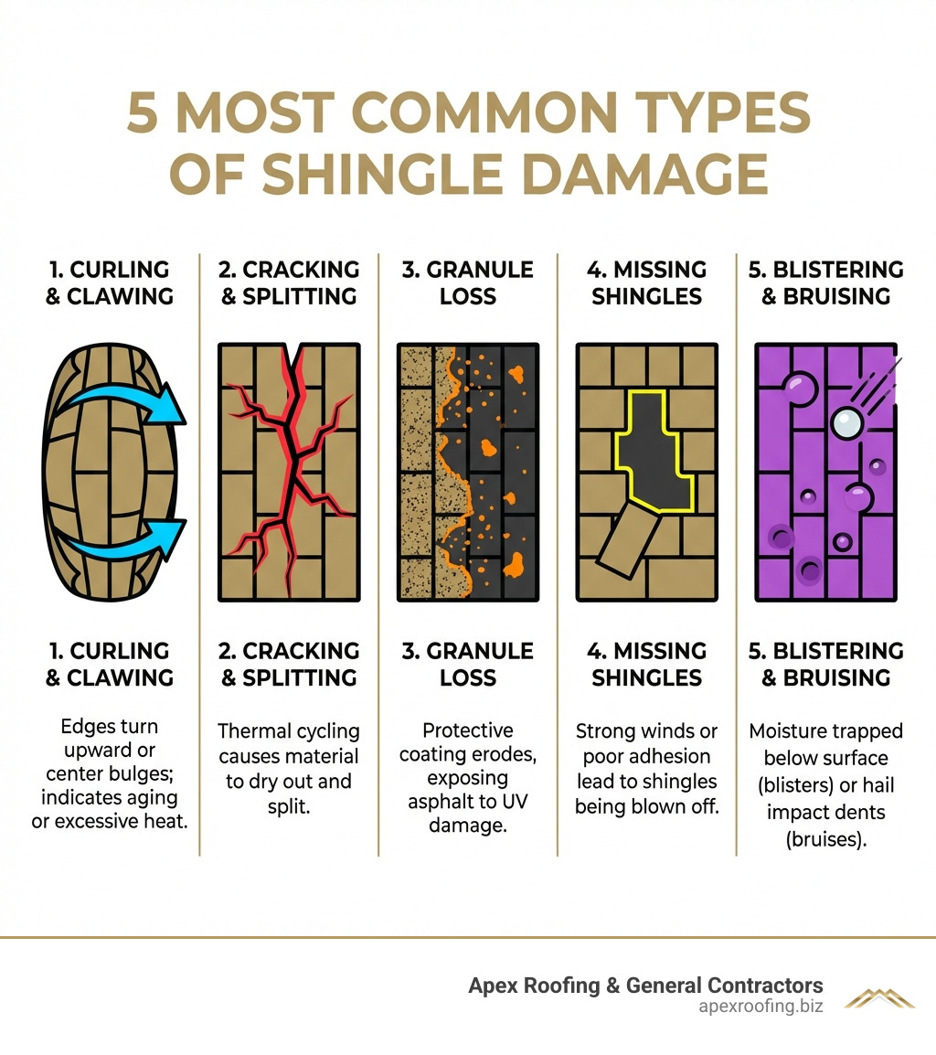 Infographic showing the 5 most common types of shingle damage: curling and clawing at edges, cracking and splitting through the middle, granule loss with bare spots visible, missing shingles leaving gaps, and blistering or bruising from hail impact, with visual examples and brief descriptions of each type - damaged shingles repair infographic Infographic showing the 5 most common types of shingle damage: curling and clawing at edges, cracking and splitting through the middle, granule loss with bare spots visible, missing shingles leaving gaps, and blistering or bruising from hail impact, with visual examples and brief descriptions of each type - damaged shingles repair infographic