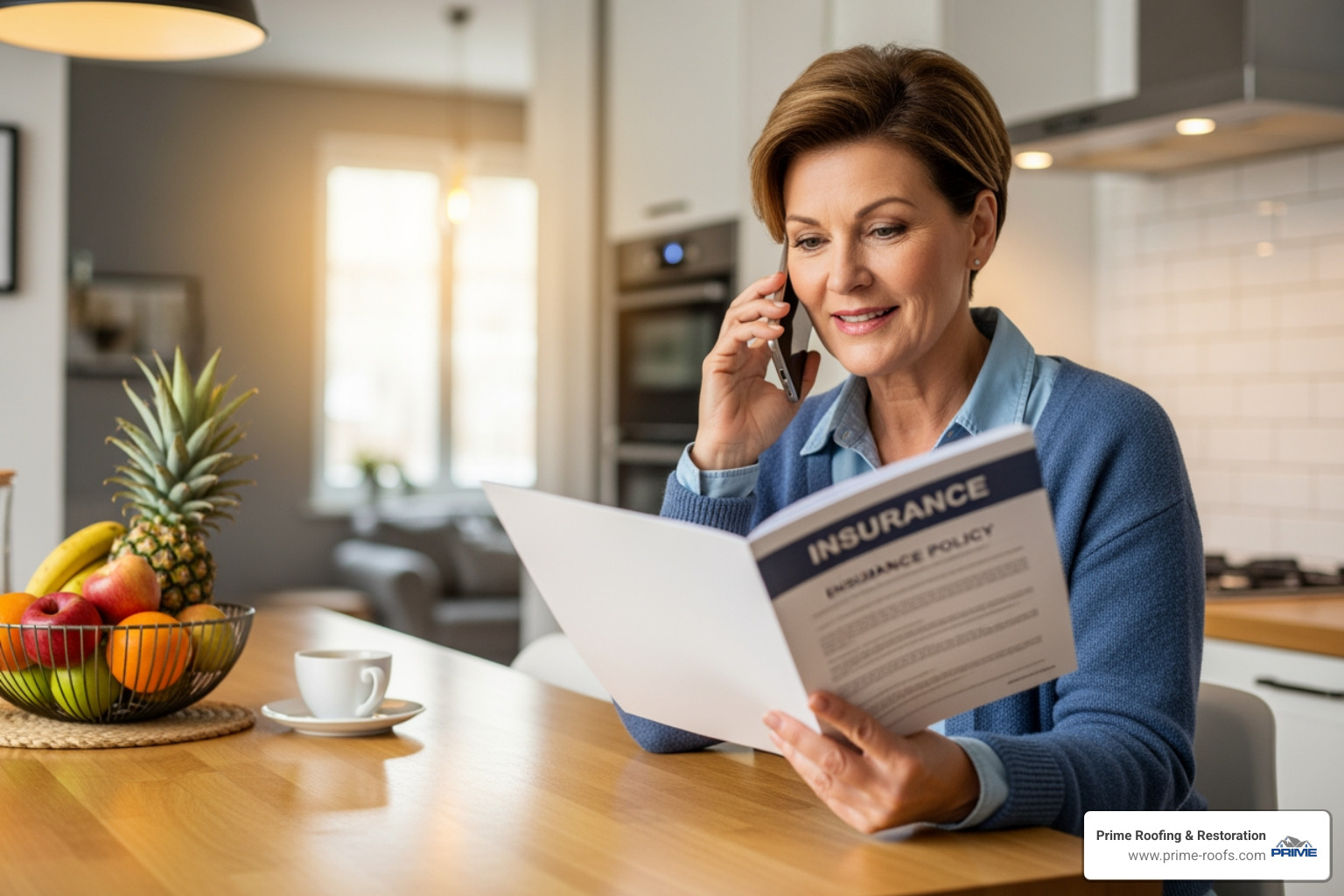 a homeowner on the phone, holding an insurance policy document - storm damage home repair