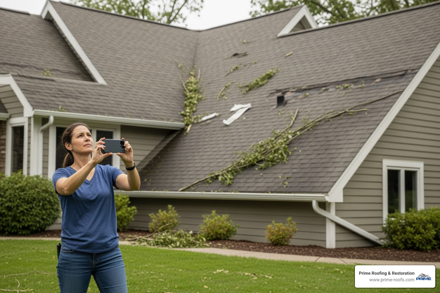 a homeowner safely taking photos of a damaged roof from the ground - storm damage home repair