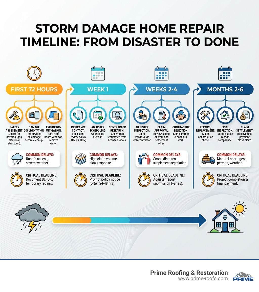 Infographic showing the complete storm damage home repair timeline: First 72 hours (safety assessment, damage documentation, emergency mitigation), Week 1 (insurance contact, adjuster scheduling, contractor research), Weeks 2-4 (adjuster inspection, claim approval, contractor selection), and Months 2-6 (repairs/replacement, final inspection, claim settlement). Each phase includes key actions, common delays, and critical deadlines. - storm damage home repair infographic 