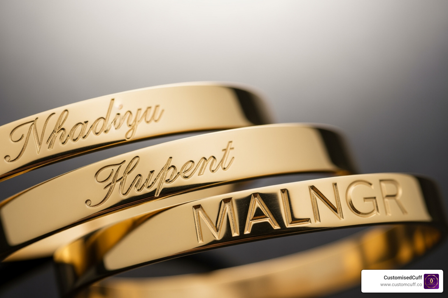 Close-up of different font styles (script, block) engraved on CustomisedCuff bracelets - custom name bracelet gold Close-up of different font styles (script, block) engraved on CustomisedCuff bracelets - custom name bracelet gold