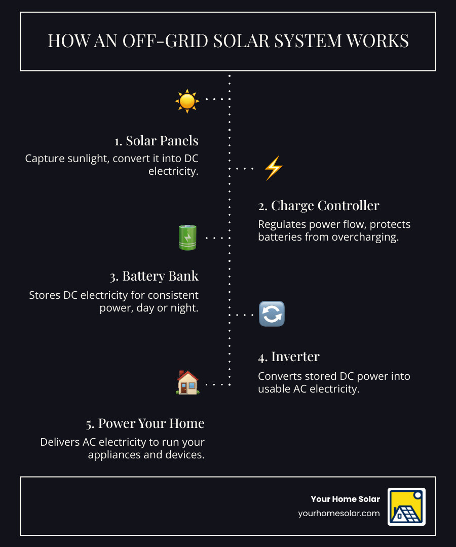 Infographic showing the flow of an off-grid solar system: sunlight hits solar panels mounted on a roof, electricity flows through lines to a charge controller box, then to a battery bank for storage, and finally through an inverter that powers a home with appliances like lights, refrigerator, and electronics. Arrows indicate the direction of power flow, with labels for each component and simple icons representing day (sun) and night (moon) operation. - off grid solar kits infographic infographic-line-5-steps-dark Infographic showing the flow of an off-grid solar system: sunlight hits solar panels mounted on a roof, electricity flows through lines to a charge controller box, then to a battery bank for storage, and finally through an inverter that powers a home with appliances like lights, refrigerator, and electronics. Arrows indicate the direction of power flow, with labels for each component and simple icons representing day (sun) and night (moon) operation. - off grid solar kits infographic infographic-line-5-steps-dark