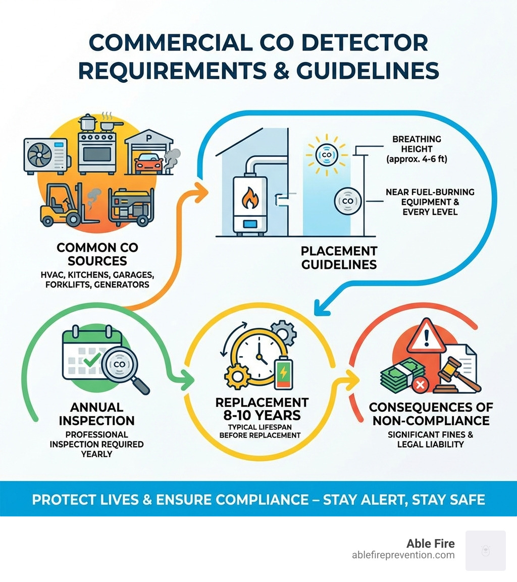 Infographic showing commercial CO detector requirements including common sources of carbon monoxide in commercial buildings, placement guidelines at breathing height near fuel-burning equipment, annual inspection requirements, 8-10 year replacement cycle, and consequences of non-compliance including fines and legal liability - commercial co detector infographic 
