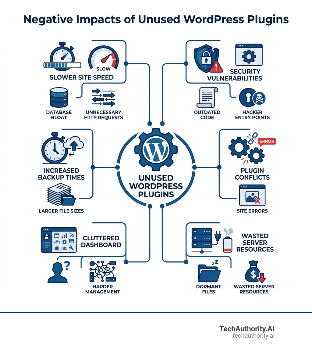 Infographic showing the negative impacts of unused WordPress plugins: slower site speed from database bloat and unnecessary HTTP requests, security vulnerabilities from outdated code and hacker entry points, increased backup times from larger file sizes, plugin conflicts causing site errors, cluttered dashboard making management harder, and wasted server resources from dormant files - Remove unused plugins WordPress infographic Infographic showing the negative impacts of unused WordPress plugins: slower site speed from database bloat and unnecessary HTTP requests, security vulnerabilities from outdated code and hacker entry points, increased backup times from larger file sizes, plugin conflicts causing site errors, cluttered dashboard making management harder, and wasted server resources from dormant files - Remove unused plugins WordPress infographic