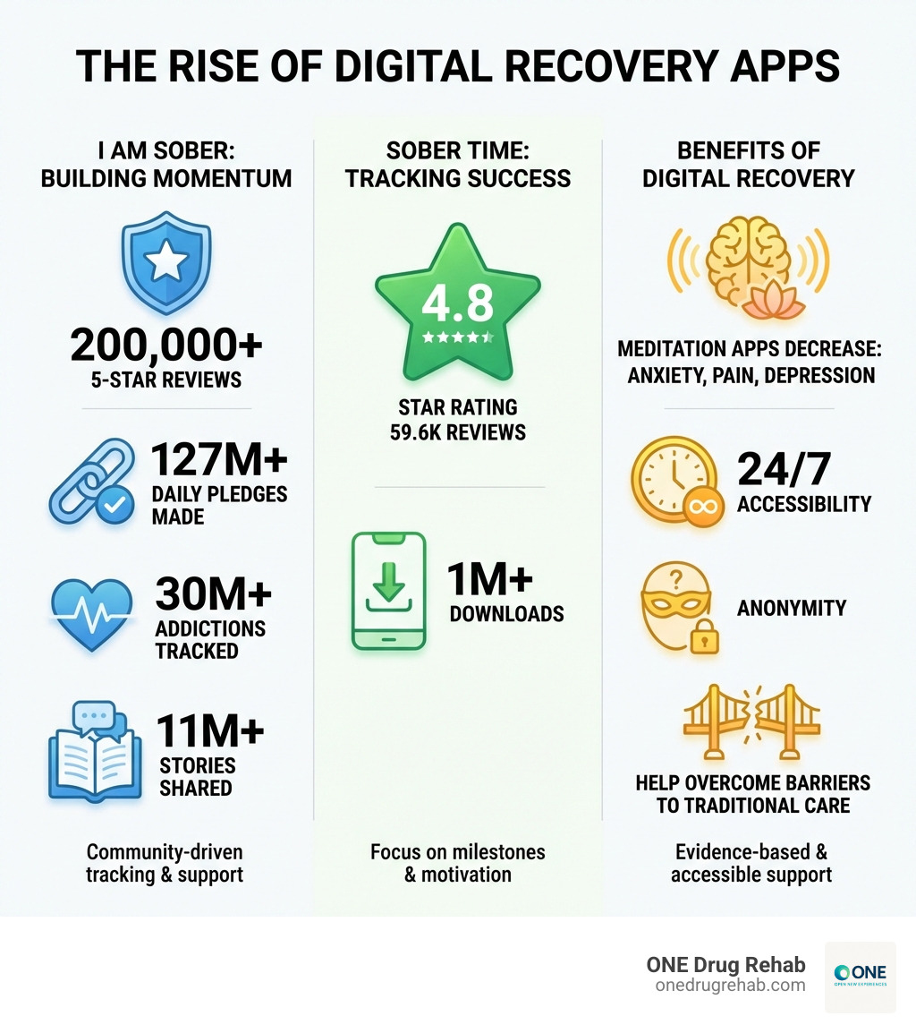Infographic showing statistics: I Am Sober has 200,000+ 5-star reviews, 127M+ daily pledges made, 30M+ addictions tracked, and 11M+ stories shared. Sober Time has 4.8 star rating with 59.6K reviews and 1M+ downloads. Studies show meditation apps can decrease anxiety, pain, and depression. Apps provide 24/7 accessibility, anonymity, and help overcome barriers to traditional care. - apps for sobriety infographic 