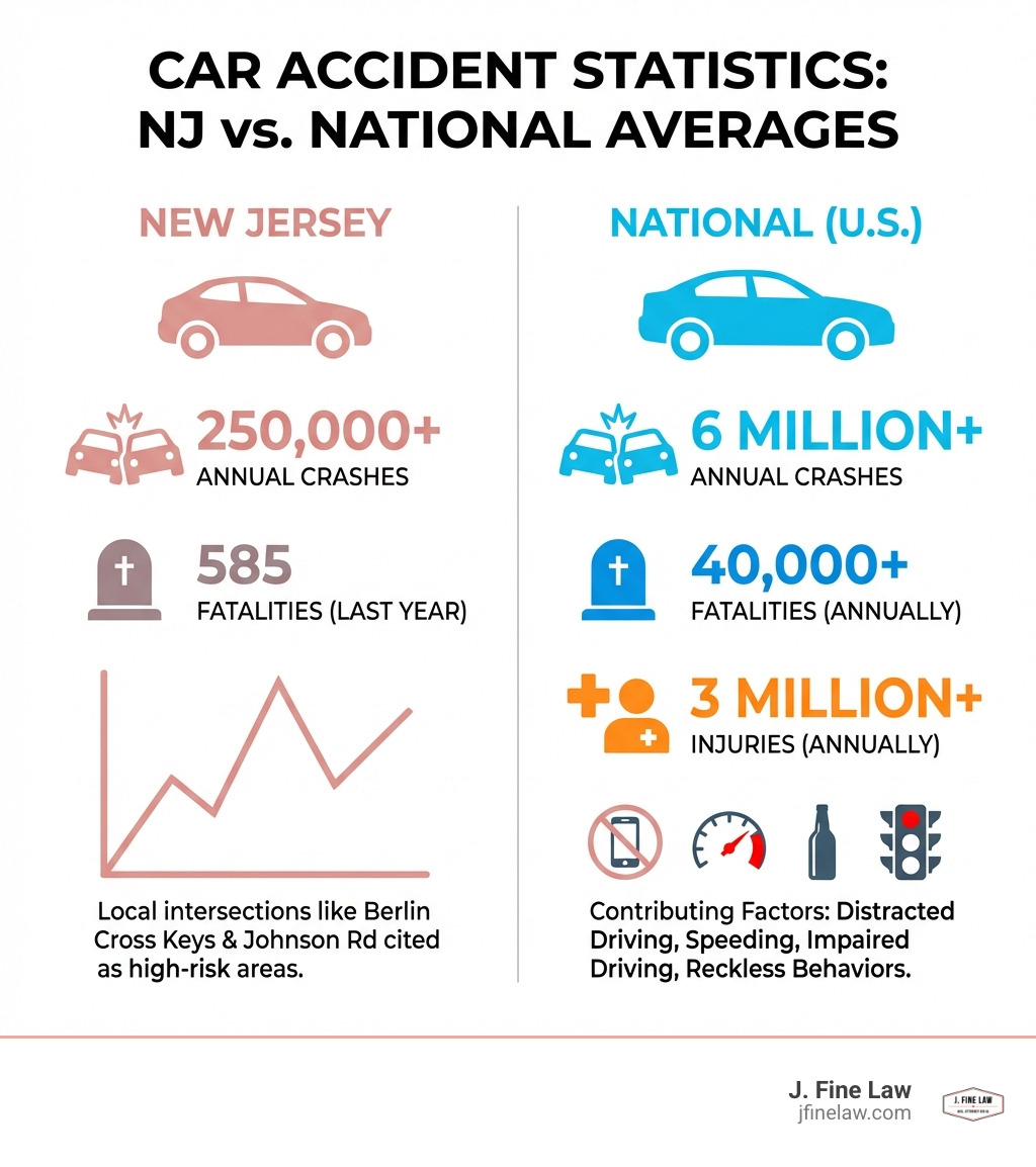infographic showing New Jersey car accident statistics compared to national averages, including 250,000+ annual crashes in NJ, 585 traffic fatalities in NJ last year, 6 million crashes nationwide annually, 40,000+ nationwide fatalities, and 3 million nationwide injuries - Sicklerville car accident infographic infographic showing New Jersey car accident statistics compared to national averages, including 250,000+ annual crashes in NJ, 585 traffic fatalities in NJ last year, 6 million crashes nationwide annually, 40,000+ nationwide fatalities, and 3 million nationwide injuries - Sicklerville car accident infographic