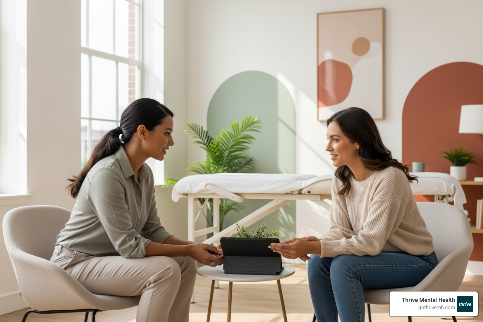 provider and patient collaborating in a bright comfortable office - what is trauma informed care