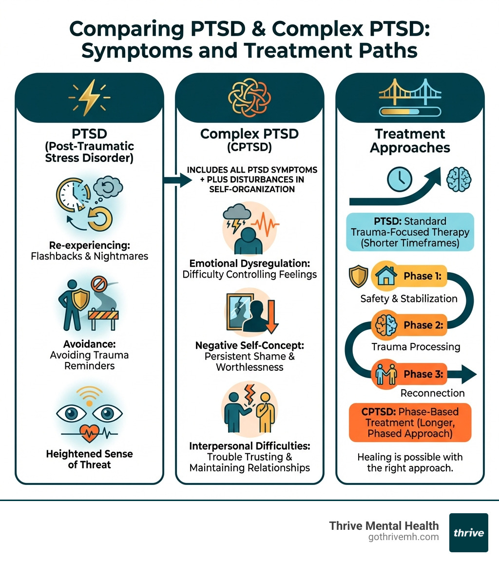 Infographic comparing PTSD and Complex PTSD showing three columns: PTSD symptoms include re-experiencing traumatic events through flashbacks and nightmares, avoidance of trauma reminders, and heightened sense of threat; CPTSD includes all PTSD symptoms plus disturbances in self-organization including emotional dysregulation and difficulty controlling feelings, negative self-concept with persistent shame and worthlessness, and interpersonal difficulties with trouble trusting others and maintaining relationships; treatment approaches show PTSD responds to standard trauma-focused therapy in shorter timeframes while CPTSD requires phase-based treatment starting with safety and stabilization before trauma processing - therapy for complex trauma infographic 
