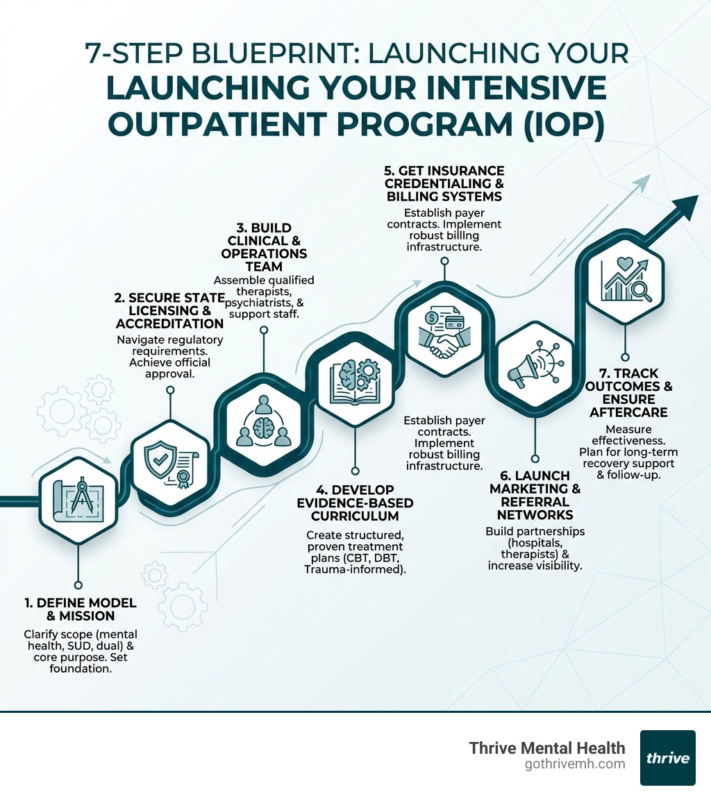 Infographic showing 7 steps to launch an IOP: 1. Define model and mission 2. Secure state licensing and accreditation 3. Build clinical and operations team 4. Develop evidence-based curriculum 5. Get insurance credentialing and billing systems 6. Launch marketing and referral networks 7. Track outcomes and ensure aftercare - how to start an intensive outpatient program infographic 