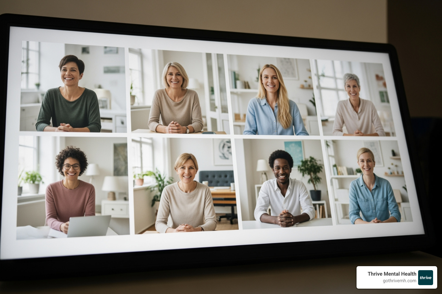 A diverse group of individuals shown in a grid view, representing a virtual group therapy session. - virtual intensive outpatient program depression