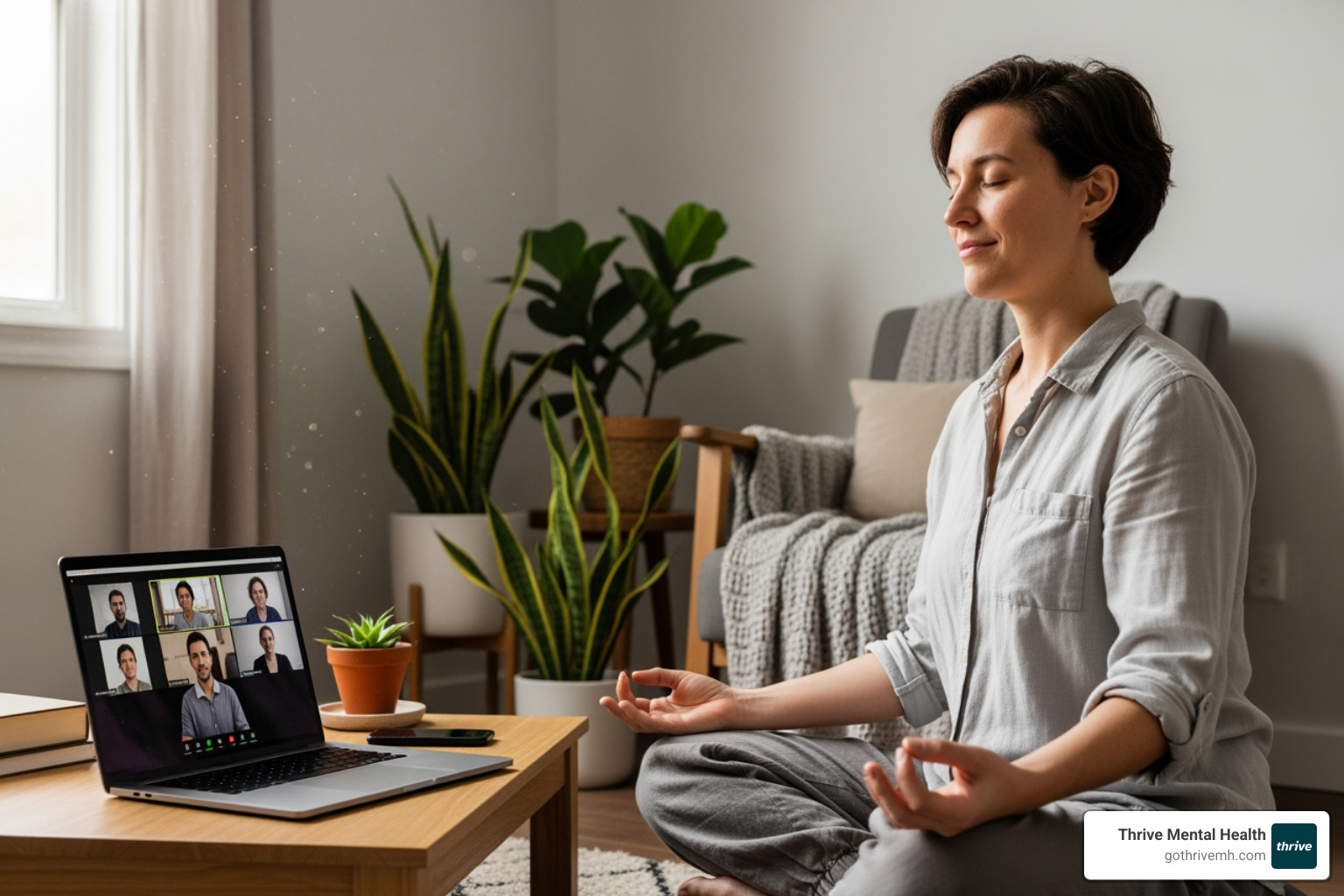 Person practicing mindfulness with laptop, online mental health workshop in alt text. - online mental health workshops