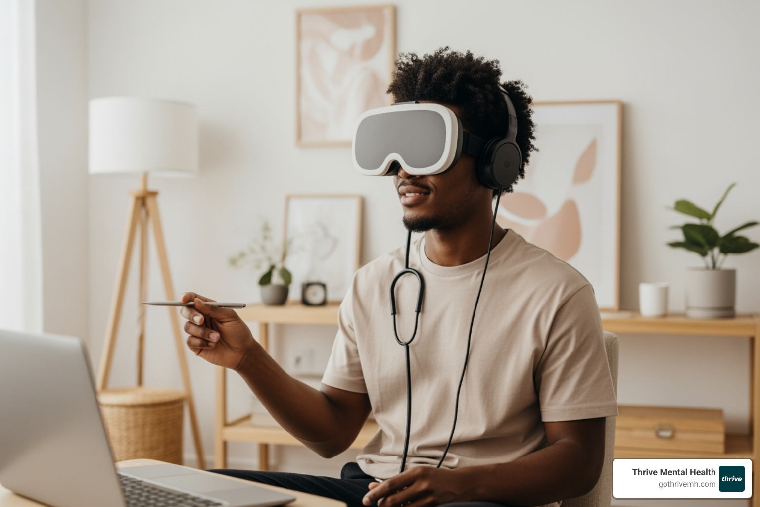 Young adult in a virtual therapy session at home, looking comfortable and focused - virtual intensive outpatient program