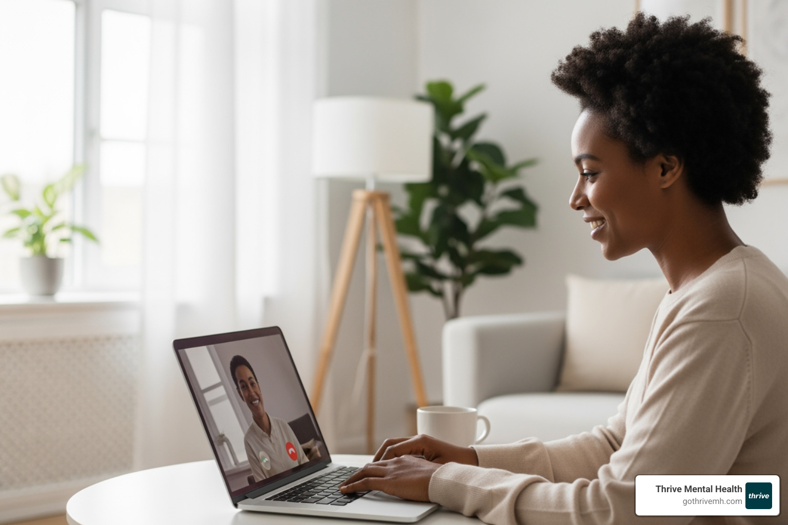 Person in a private space on a video call with a therapist. - virtual intensive outpatient program