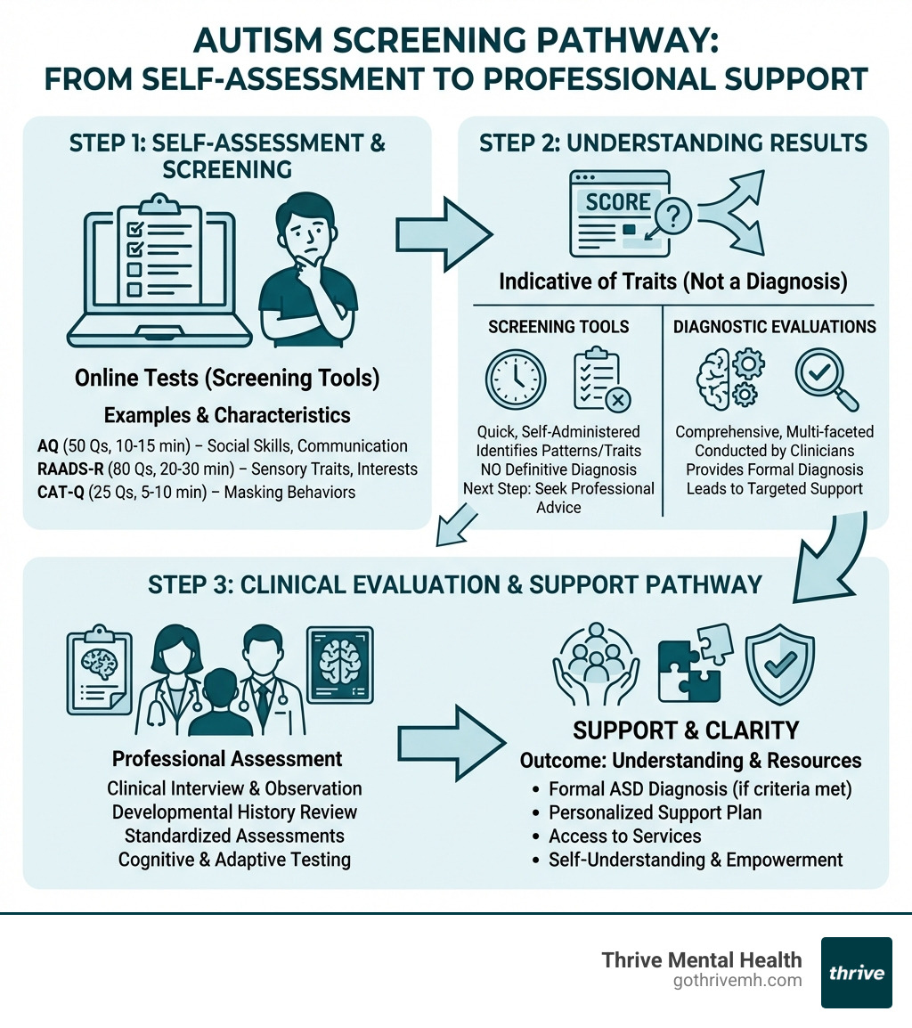 infographic showing autism screening process from online test to professional diagnosis, including key differences between screening tools and diagnostic evaluations, with arrows showing the pathway from self-assessment to clinical evaluation and support - autism test infographic 