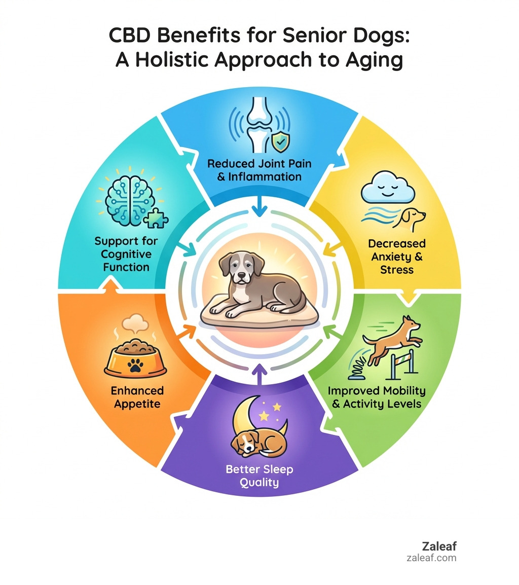 Infographic showing the main benefits of CBD for senior dogs: a circular diagram with a senior dog in the center, surrounded by icons representing reduced joint pain and inflammation, decreased anxiety and stress, improved mobility and activity levels, better sleep quality, enhanced appetite, and support for cognitive function - Senior dog CBD infographic 