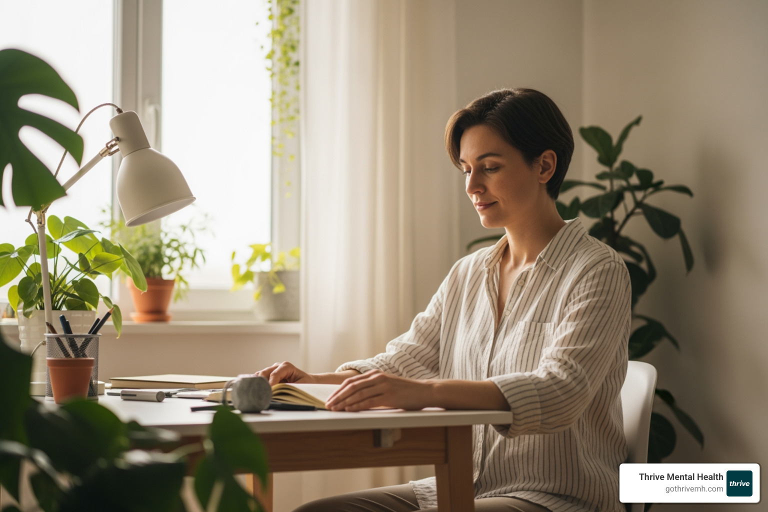 A person sitting calmly in a natural, serene environment, looking at a trigger object (like a slightly messy desk) without showing signs of distress. The image emphasizes overcoming fear and finding peace. - obsessive compulsive therapist