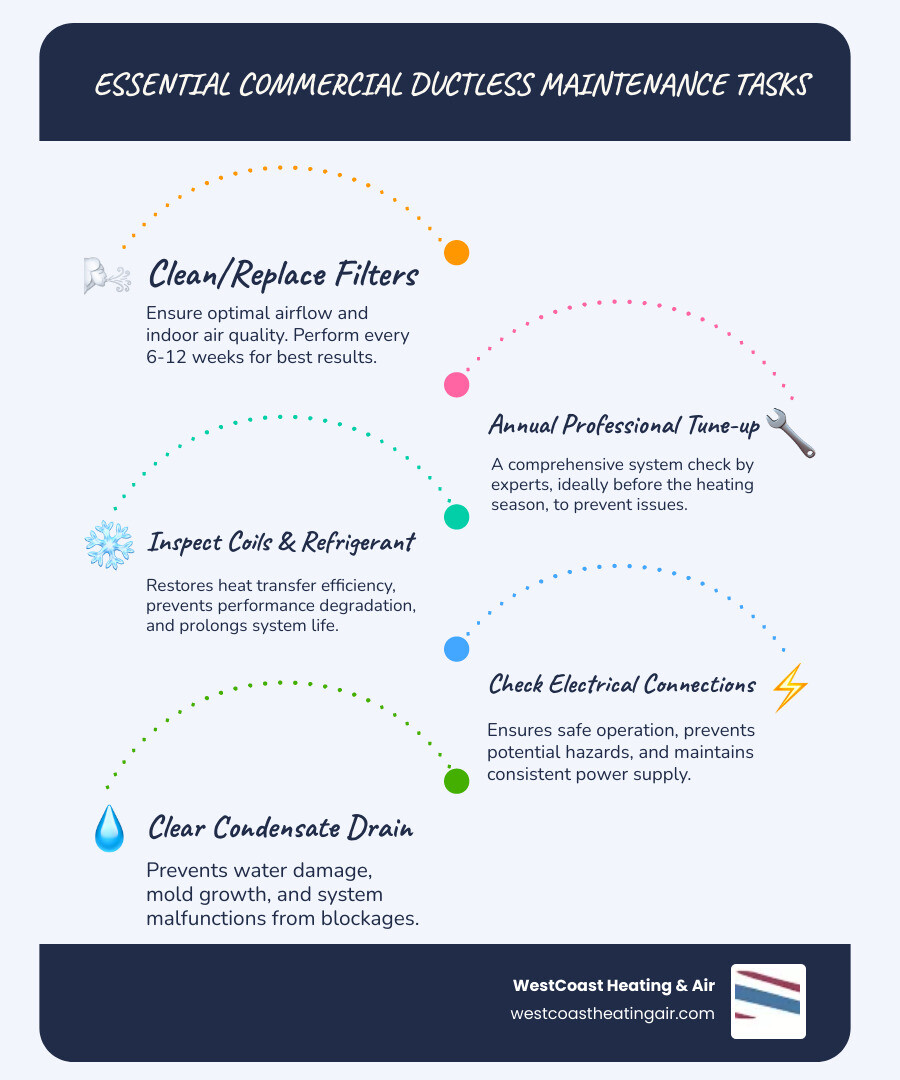 infographic showing key commercial ductless maintenance tasks: filter cleaning every 6-12 weeks, annual professional tune-up, coil inspection, refrigerant check, electrical connection inspection, and condensate drain clearing, with icons representing energy savings, extended lifespan, and consistent comfort - commercial ductless heating maintenance in puyallup, wa infographic infographic-line-5-steps-blues-accent_colors