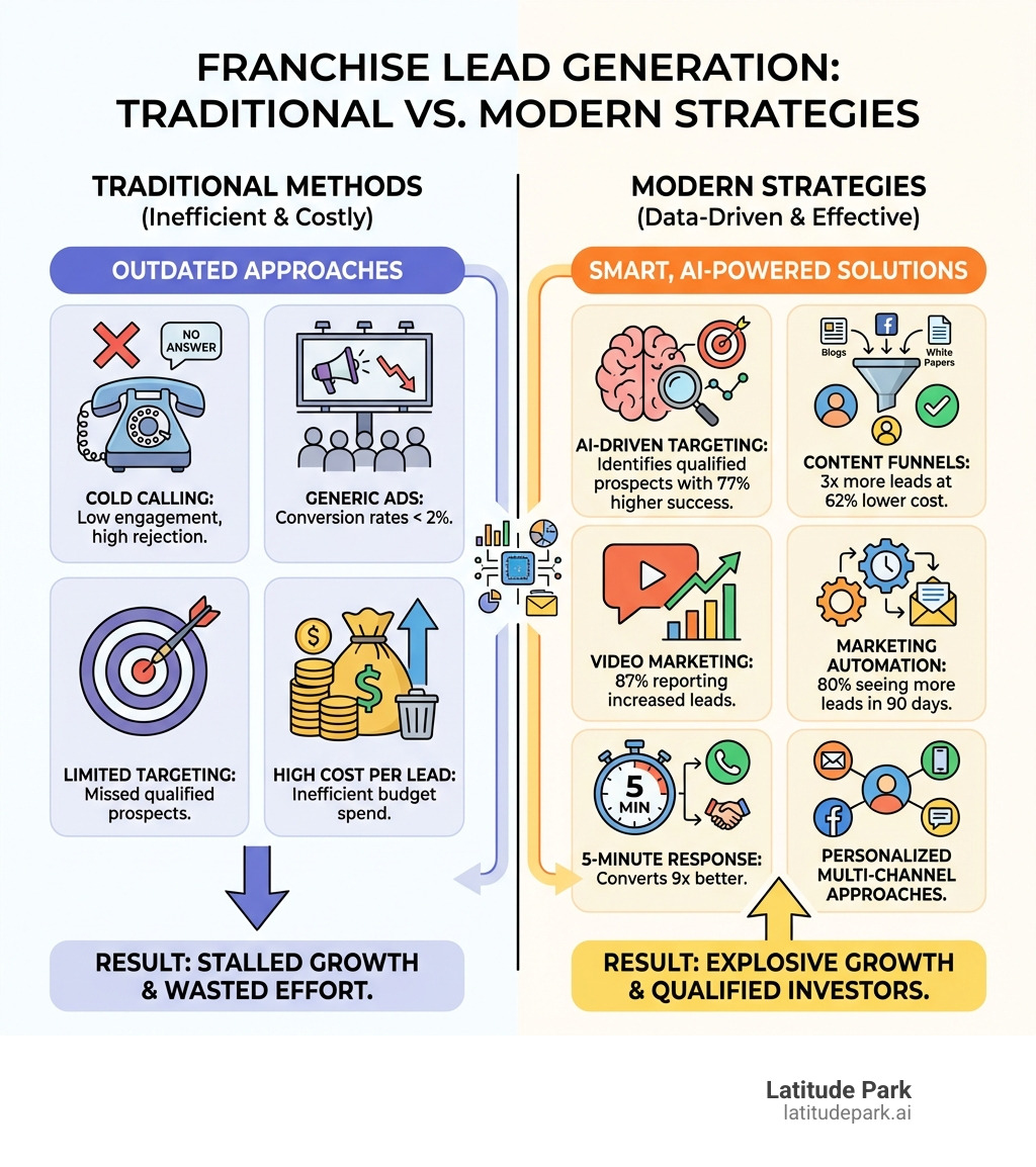Infographic comparing traditional franchise lead generation methods (cold calling, generic ads with less than 2% conversion rates, limited targeting, high cost per lead) versus modern franchise lead generation strategies (AI-driven targeting with 77% higher success, content funnels generating 3x more leads at 62% lower cost, video marketing with 87% reporting increased leads, marketing automation with 80% seeing more leads in 90 days, 5-minute response times converting 9x better, and personalized multi-channel approaches) - franchise lead generation strategies infographic Infographic comparing traditional franchise lead generation methods (cold calling, generic ads with less than 2% conversion rates, limited targeting, high cost per lead) versus modern franchise lead generation strategies (AI-driven targeting with 77% higher success, content funnels generating 3x more leads at 62% lower cost, video marketing with 87% reporting increased leads, marketing automation with 80% seeing more leads in 90 days, 5-minute response times converting 9x better, and personalized multi-channel approaches) - franchise lead generation strategies infographic