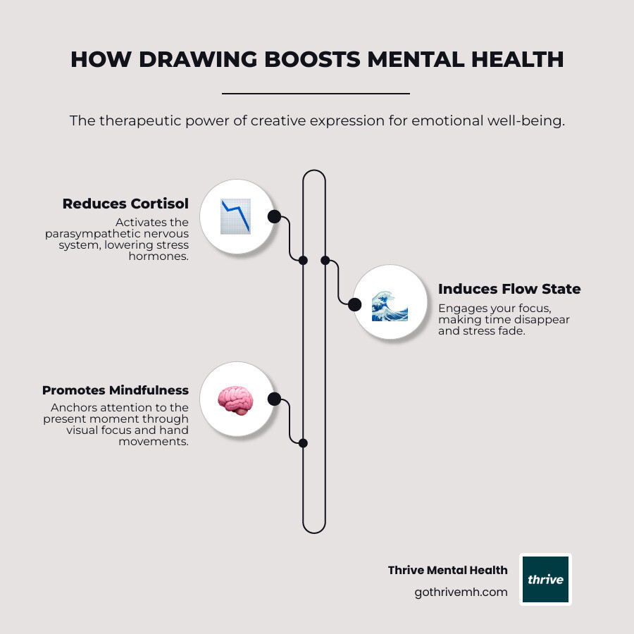 infographic showing how drawing reduces cortisol levels by activating the parasympathetic nervous system, induces a flow state where time seems to disappear and stress fades, and promotes mindfulness by anchoring attention to the present moment through hand movements and visual focus - drawing ideas for mental health infographic infographic-line-3-steps-elegant_beige