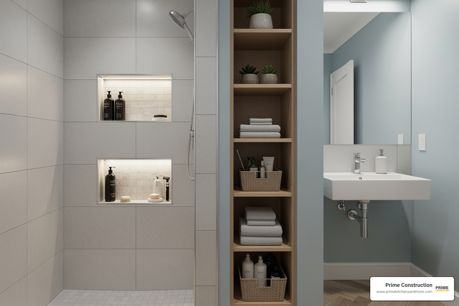 small bathroom with clever built-in shower niches and vertical shelving - small master bathroom decor ideas