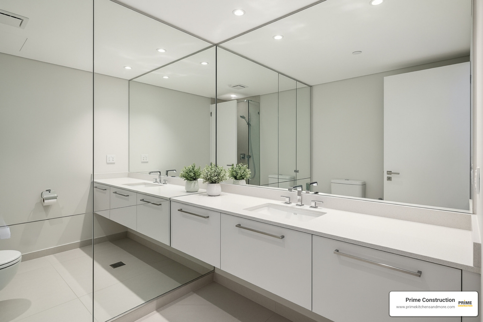 small bathroom with a large, wall-to-wall mirror reflecting light - small master bathroom decor ideas