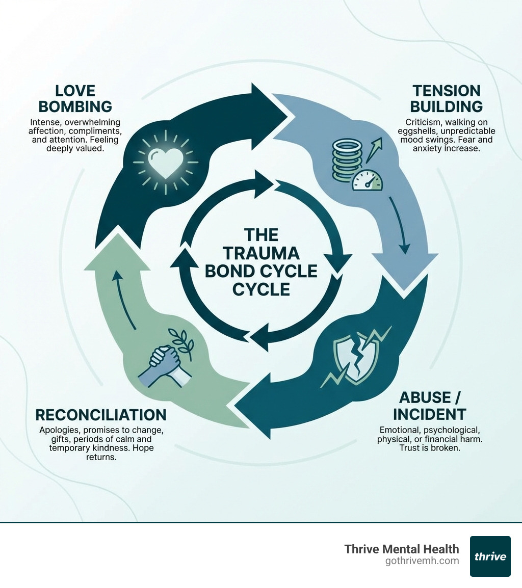 infographic showing the trauma bond cycle with four connected stages: Love Bombing leading to Tension Building leading to Abuse/Incident leading to Reconciliation, with arrows showing the cycle repeats - trauma bond infographic 