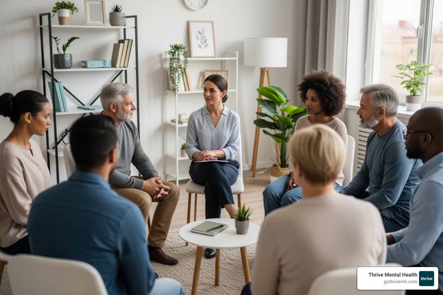 A diverse group of people engaged in a supportive group therapy session, with a therapist facilitating the discussion. The atmosphere is calm and encouraging. - PHP for anxiety