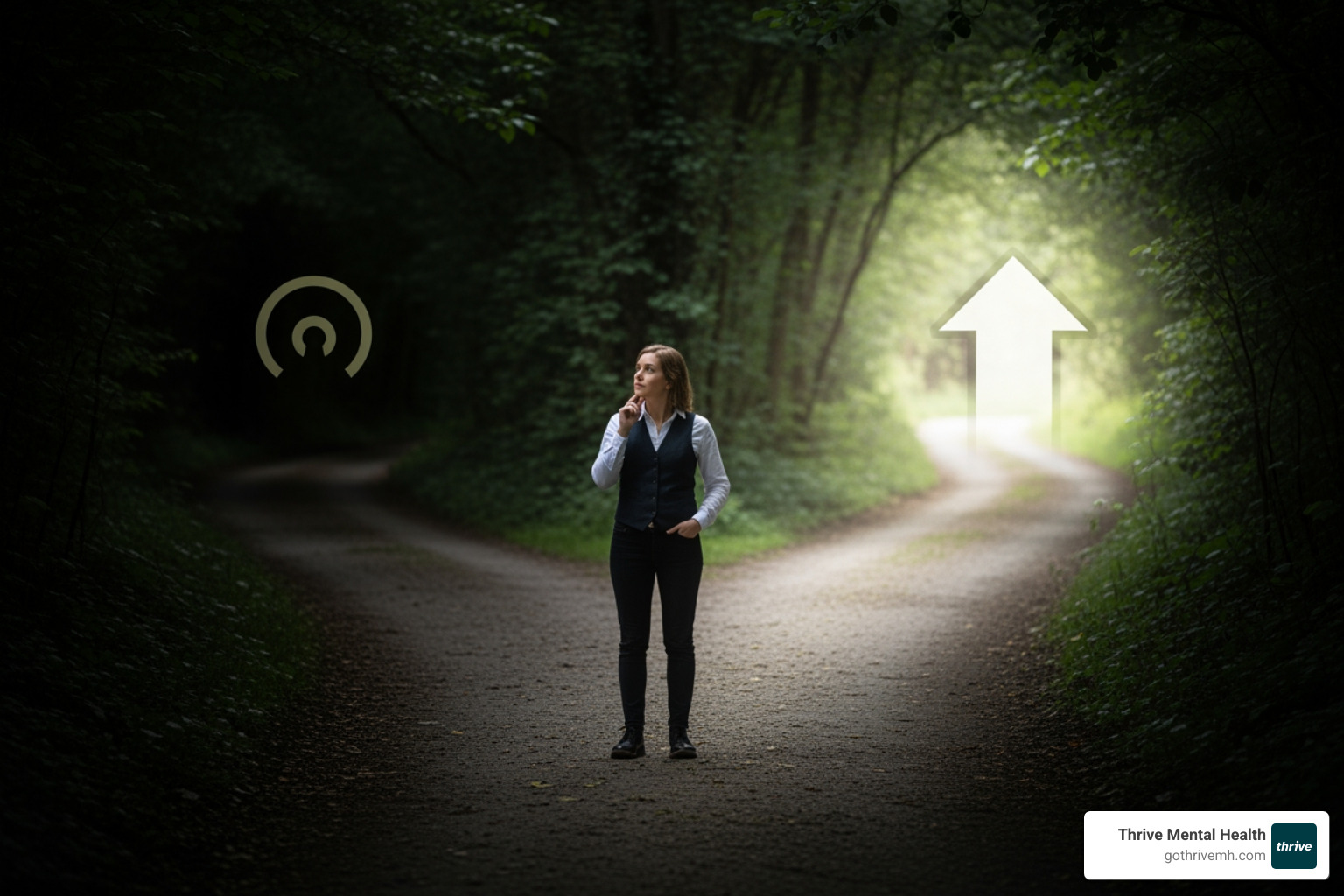 A person stands at a crossroads, one path labeled "Weekly Therapy" with a faint, uncertain glow, and the other "Intensive Care" radiating a clear, purposeful light, symbolizing a decision point in treatment. - PHP for anxiety